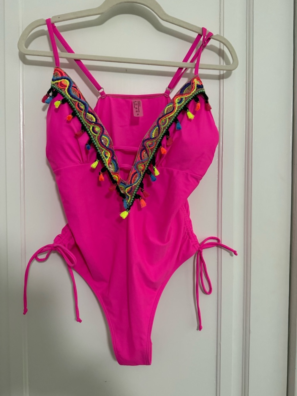 Hot Pink One-Piece Swimsuit with Multicolor Tassel Trim